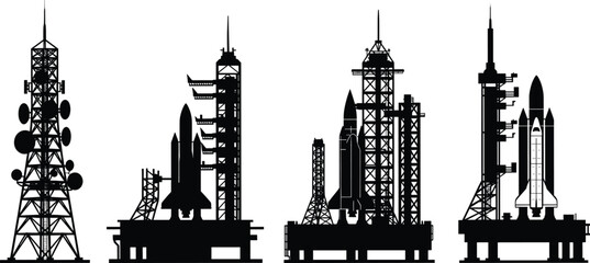 Silhouette rocket launch pads, space shuttle towers, aerospace infrastructure, radar communication tower, space exploration technology, astronautics engineering, spacecraft © Hanif World