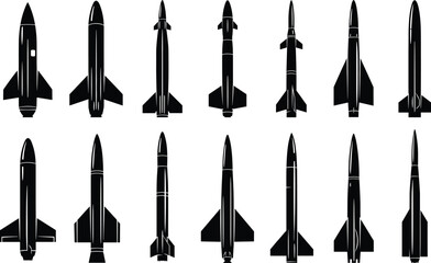 Silhouette rocket missile collection, military weapon design, aerospace engineering shapes, black vector illustration, defense technology, space exploration, aviation history, war equipment