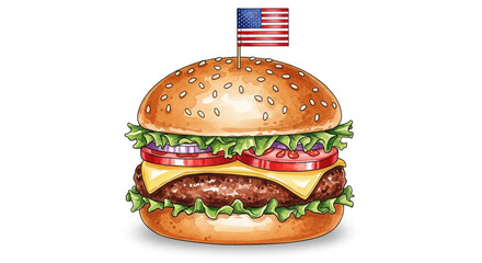 Juicy American hamburger stacked high with fresh toppings and a festive flag, perfect for celebrating national holidays and summer cookouts.