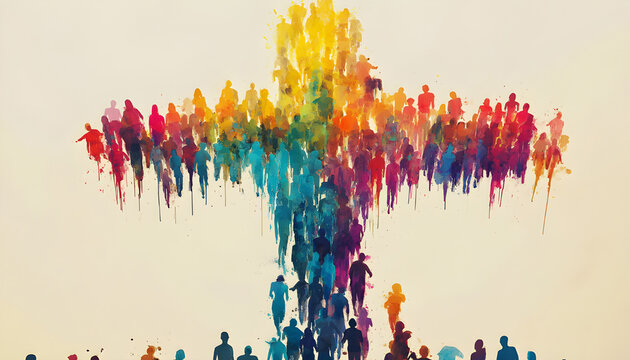 Diverse human figures form a colorful cross shape against a muted sky. This abstract art symbolizes unity, faith, community, and shared humanity in a vibrant, graphic style