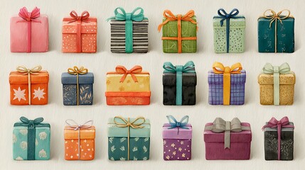 Array of artistic gift boxes with unique patterns and ribbon ties on a textured photo background Keywords: gift box, present