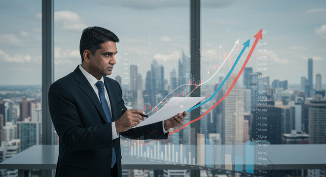 Focused businessman analyzing financial growth charts in a modern skyscraper office overlooking a bustling city skyline, projecting success and strategic planning. - Powered by Adobe
