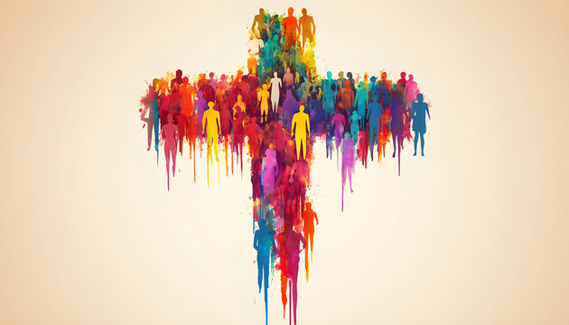 Diverse human figures form a colorful cross shape against a muted sky. This abstract art symbolizes unity, faith, community, and shared humanity in a vibrant, graphic style