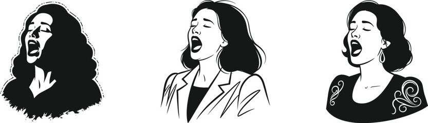 Singing silhouette illustration, vocal performance people, expressive singers, music passion artwork, concert stage art, emotional song expression, artistic vocal design, black and white