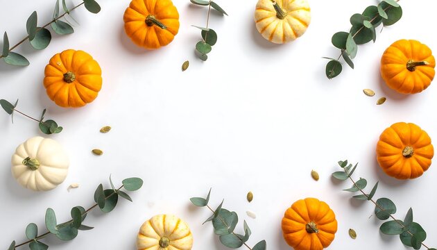 Autumnal arrangement of pumpkins and eucalyptus leaves on a white background. - Powered by Adobe