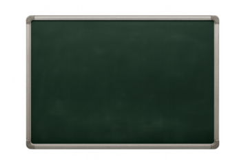 Empty green chalkboard with clean surface and aluminum frame for school, education, and learning concepts on transparent background