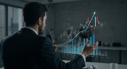 Confident businessman analyzing upward trending financial data on a futuristic holographic display, driving business growth and success