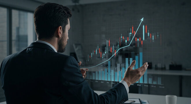 Confident businessman analyzing upward trending financial data on a futuristic holographic display, driving business growth and success