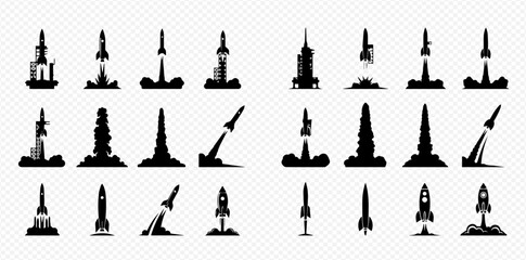 Collection of rocket launch silhouettes, showcasing various designs and stages of liftoff against a transparent background.