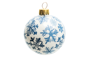 Bright Christmas bauble with snowflake patterns and golden top hook isolated on transparent background 