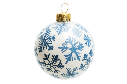 Bright Christmas bauble with snowflake patterns and golden top hook isolated on transparent background 