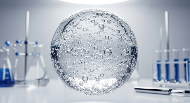 Captivating science experiment showcases a clear sphere filled with numerous bubbles, surrounded by laboratory equipment and blue liquid, symbolizing research and discovery.