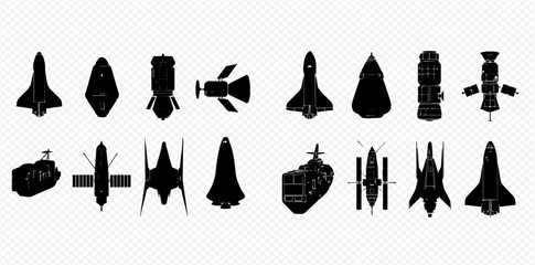 Silhouetted spaceships and satellites in a grid pattern against a transparent background. © Adji