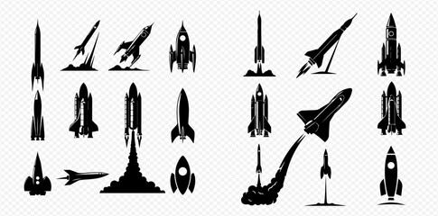 A collection of rocket ship silhouettes in various designs and launch stages.