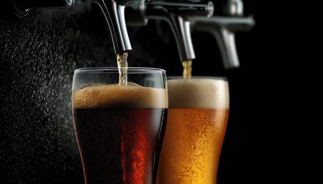 Pouring Dark And Lager Beer: A Mix Of Deep, Rich Flavors Cascading Into A Glass, A Classic And Refreshing Beverage.