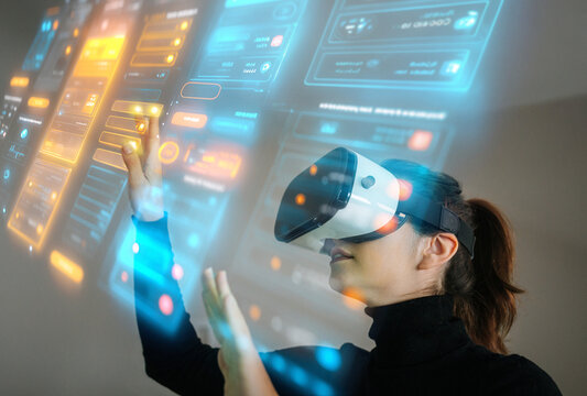 Woman navigating immersive virtual interface with VR headset