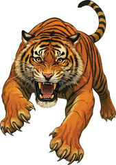 Fototapeta premium a roaring tiger leaping forward with claws extended. Detailed vector work and vivid colors capture the animal’s strength, aggression, making it ideal for wildlife, sports, and design themes.