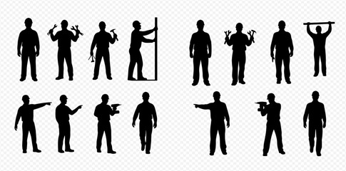 Silhouettes of men in various poses, some holding tools, isolated on a transparent background.