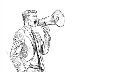 Male Businessman Shouting Through Megaphone, Standing Sideways: Hand-Drawn Sketch Of A Man In A Business Attire Making An Announcement With A Loudspeaker.