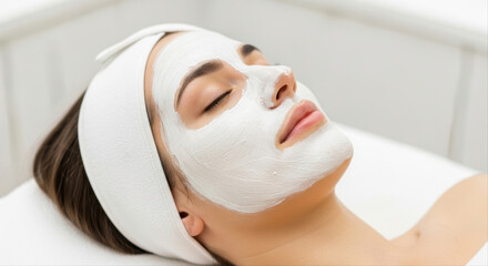 Woman with peaceful mood receiving white facial mask treatment in spa setting