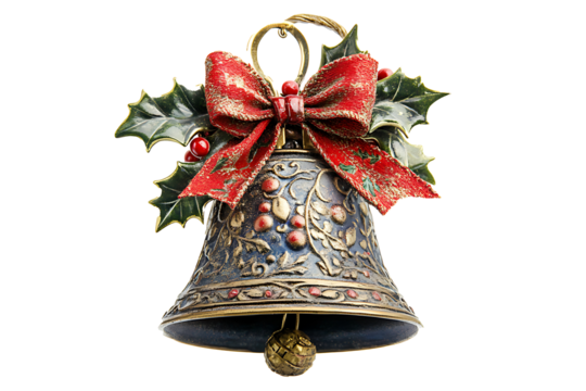 Decorative Christmas bell with holly leaves and red bow isolated on a transparent background 