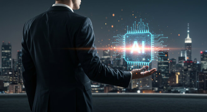Visionary executive showcases futuristic AI chip technology against a vibrant city skyline at dusk, symbolizing innovation and progress.