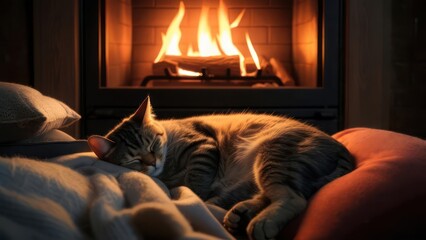A tabby cat peacefully sleeping on cozy blankets, with a warm fireplace burning in the background