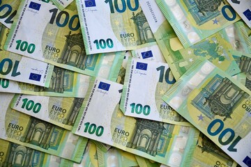 Background of 100 Euro Bills — Top View of European Currency and Cash Money