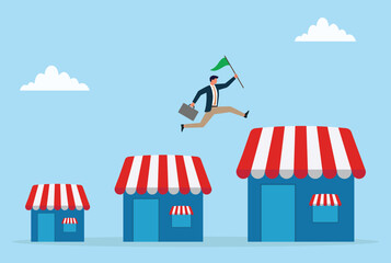 Vector illustration of a businessman leaping across growing storefronts with a flag, symbolizing business expansion, progress, and successful growth from small to large enterprises
