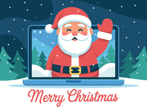 Santa Claus waves hello from a laptop screen with a snowy forest background.