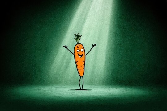 Happy Carrot Character Standing on Stage Under Spotlight, Promoting Healthy Eating and Vegan Lifestyle.
