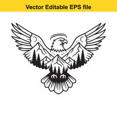 Obraz premium Majestic eagle with outstretched wings superimposed over a mountain range and pine trees, isolated on