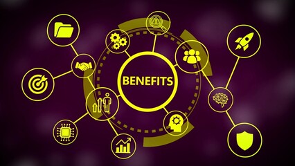 Business benefits infographic with yellow icons and connections on purple background image photo