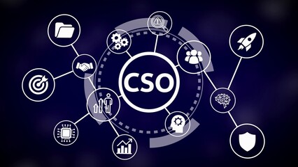 Chief Strategy Officer CSO concept diagram with interconnected icons and central text in white image