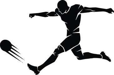 Dynamic silhouette of a soccer player kicking a ball in mid air with force
