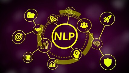 Obraz premium NLP concept diagram with yellow icons representing data, growth, and technology on a dark purple background