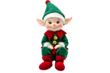 Festive Christmas elf figurine with green outfit and red shoes isolated on a transparent background 