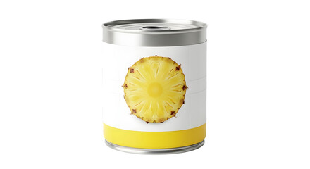 Canned pineapple slice on white label food tin product view.