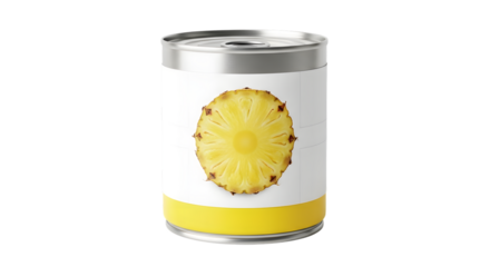 Canned pineapple slice on white label food tin product view.