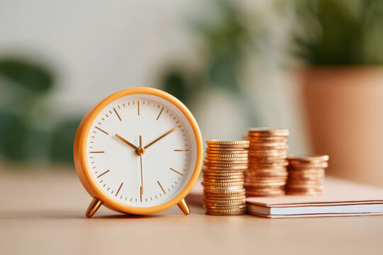 Yellow alarm clock with coins and notebooks
