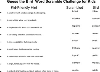 A worksheet with unscramble the words activity focused on birds, featuring hints and scrambled words for a fun learning experience.