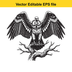 Obraz premium A detailed black and white illustration of a vulture perched on a dead tree branch, isolated on