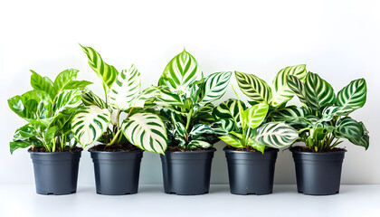 Close up photo of Alocasia Silver Dragon plants in pots. The plant has unique green and white patterned leaves. Perfect for modern interior or eco decor