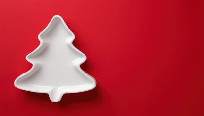 Christmas Tree-Shaped White Plate On Red Background With Space For Xmas Greeting Card: Top-Down View Of An Empty Plate.