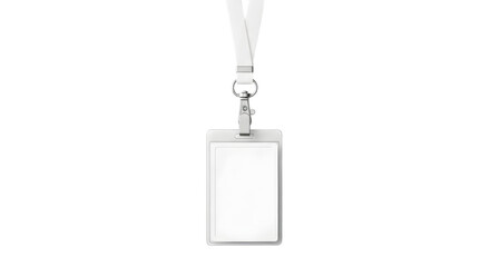 Empty white plastic id card holder with white lanyard and clip