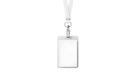Empty white plastic id card holder with white lanyard and clip