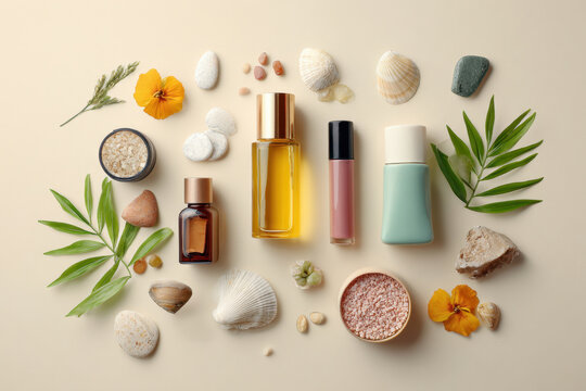 Flat lay of assorted beauty products on beige background