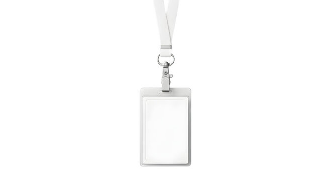 Empty white plastic id card holder with white lanyard and clip