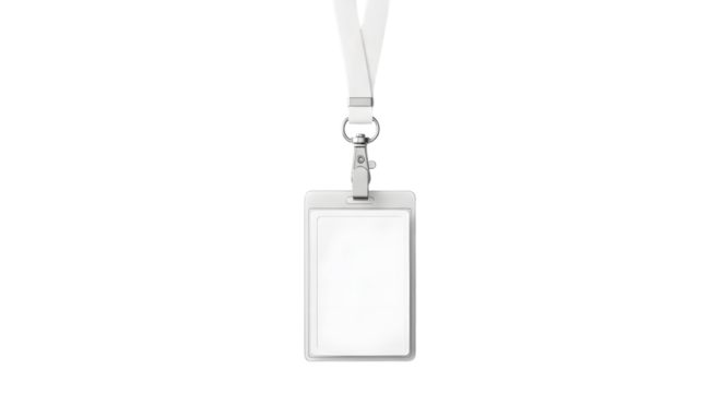 Empty white plastic id card holder with white lanyard and clip