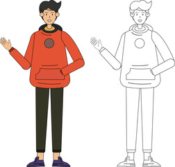 Young Man Character Wearing a Hoodie Standing in a Modern Vector Illustration
